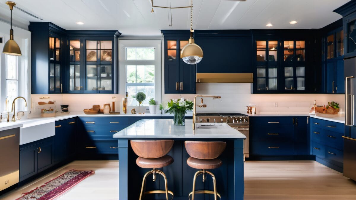 Modern kitchen with navy blue cabinets and white quartz countertops, bright natural light, editorial photography