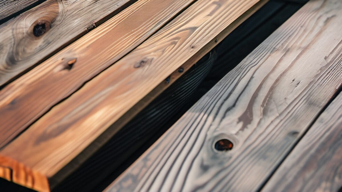 Weathered gray deck boards next to freshly stained warm cedar boards showing dramatic before and after