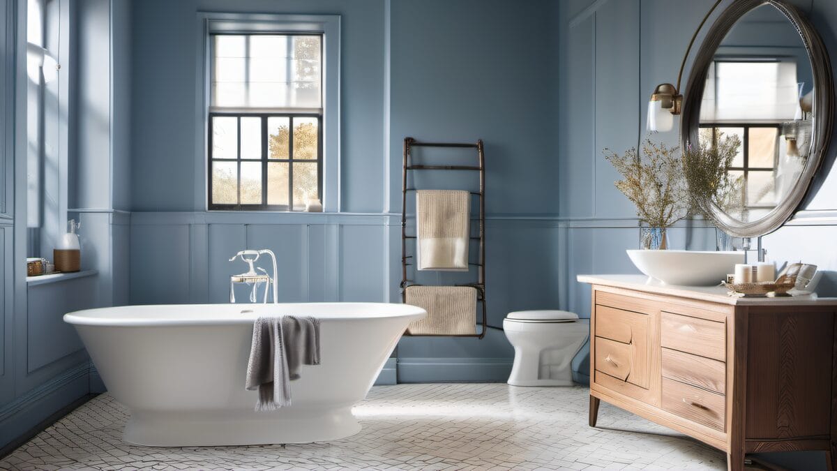 Elegant bathroom with semi-gloss painted soft blue walls, white tile and chrome fixtures