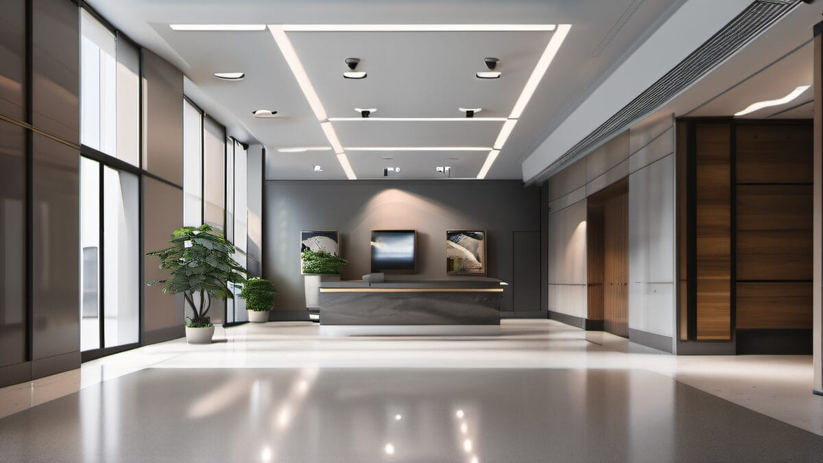 Modern office lobby with freshly painted warm gray walls in Framingham Massachusetts