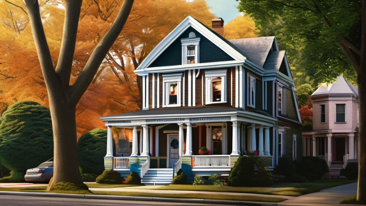 Colorful Victorian homes on tree-lined Framingham Massachusetts street