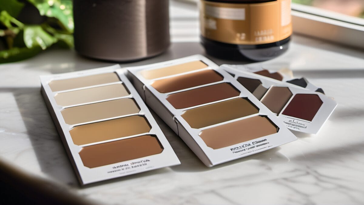 Paint color fan deck showing neutral and warm swatches from Benjamin Moore and Sherwin-Williams on marble countertop