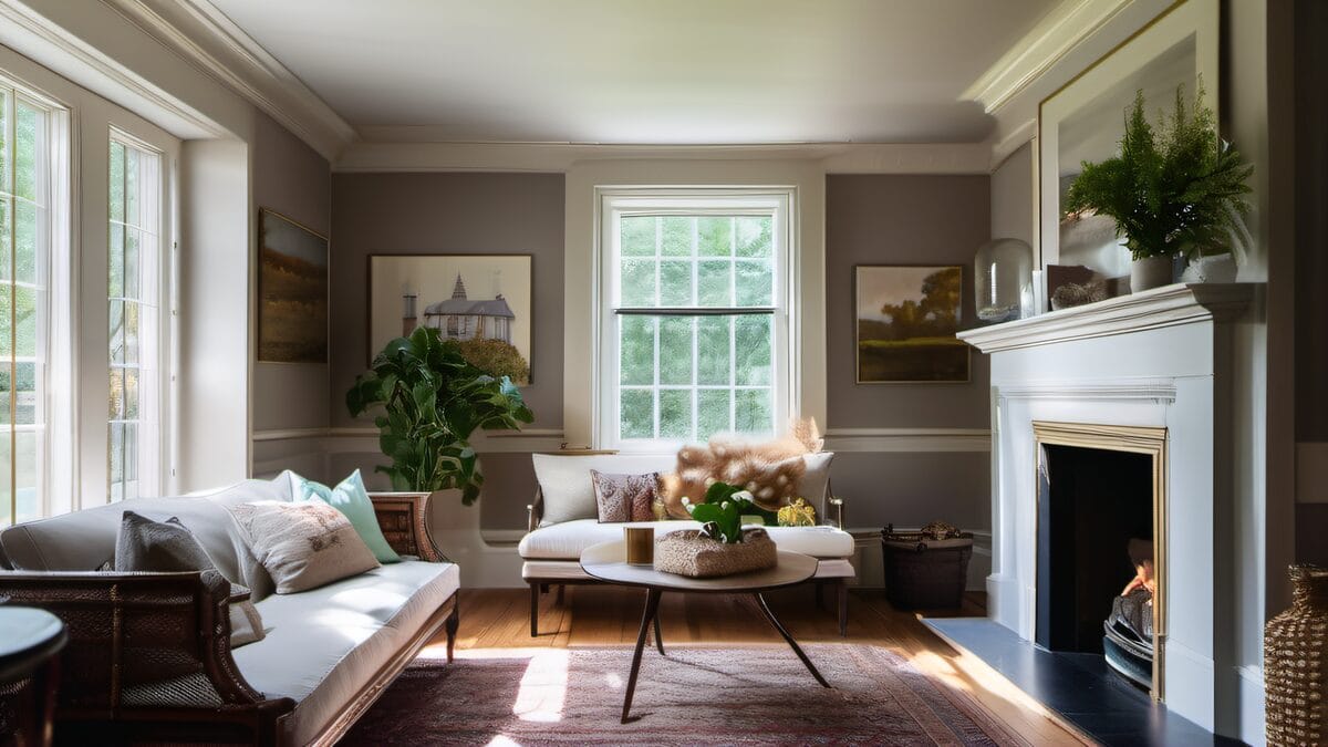 Freshly painted living room in Holliston Massachusetts colonial, warm white walls dark trim