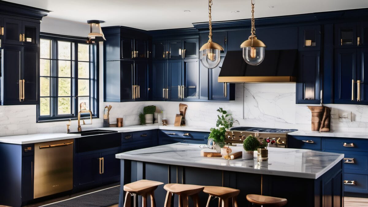 Refinished navy and white kitchen cabinets with brass hardware in Natick Massachusetts