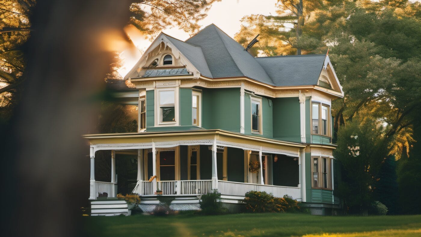 Victorian home with sage green exterior and cream trim in a Framingham Massachusetts neighborhood, golden hour light through mature trees