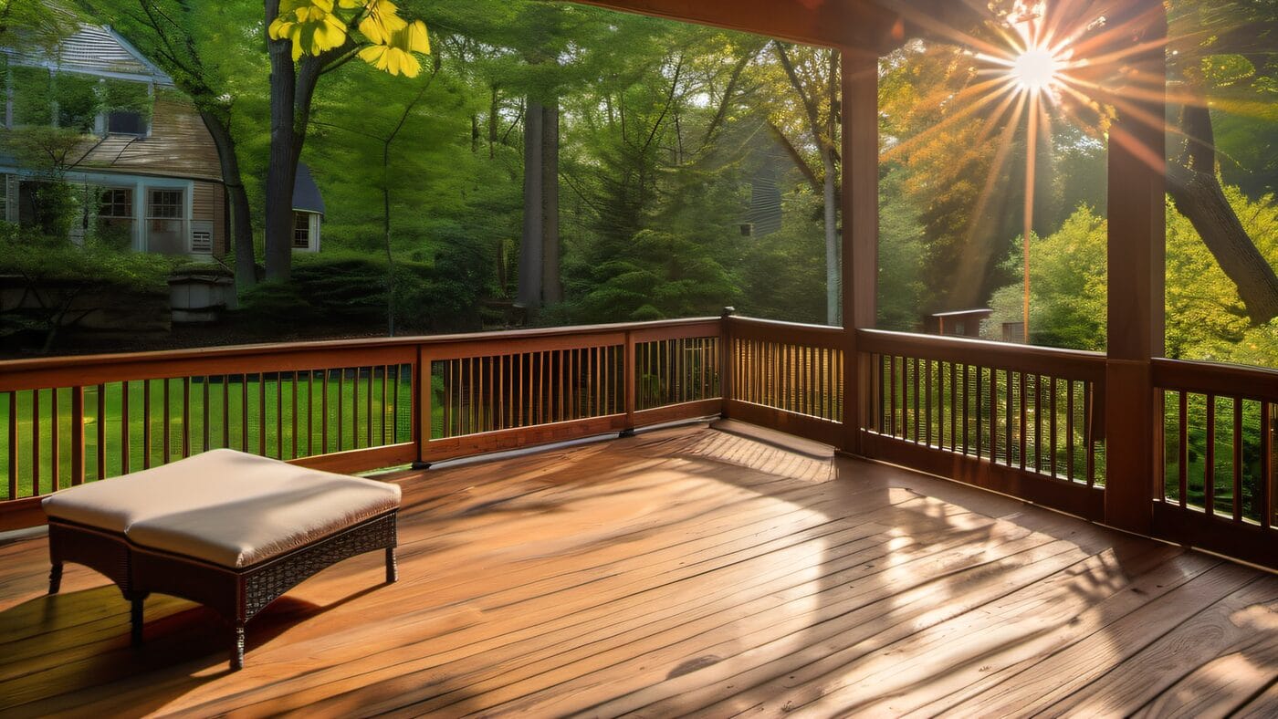 Freshly stained wooden deck on a Holliston Massachusetts colonial home, warm afternoon sunlight through mature trees