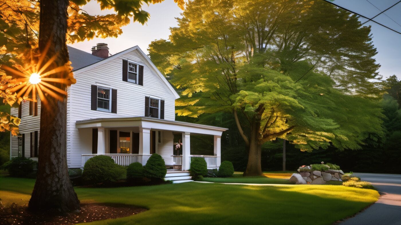White colonial home with black shutters on a tree-lined Holliston Massachusetts residential street, golden afternoon sunlight