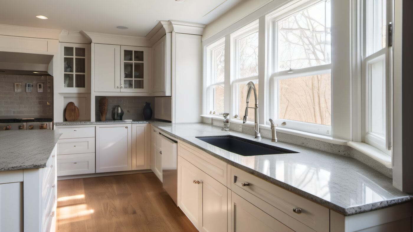 Freshly refinished white kitchen cabinets with brushed hardware in a Medway Massachusetts home, natural light