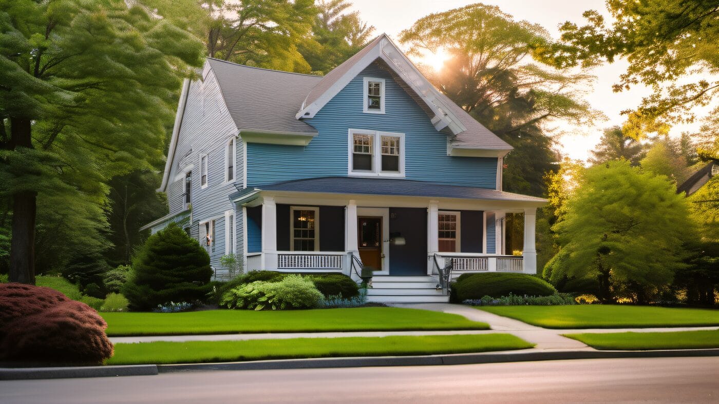 Gray-blue colonial home with white trim on a tree-lined Medway Massachusetts residential street, warm afternoon sunlight