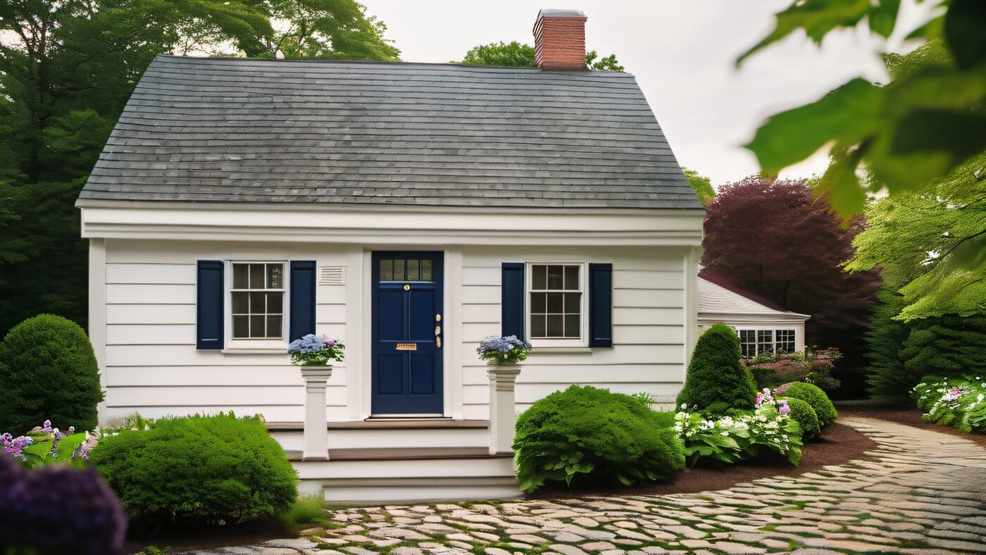 Cape Cod style home with navy blue door and white shingle siding in a Natick Massachusetts neighborhood, hydrangea bushes, soft New England light