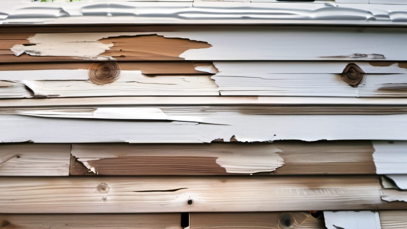 Peeling and cracking white paint on exterior wood siding of a New England home, showing paint failure layers