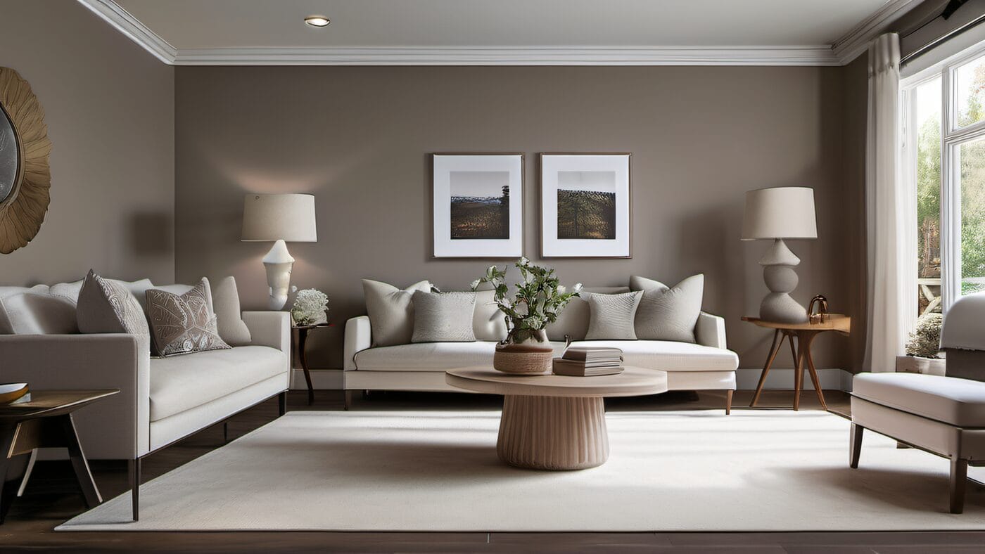 Elegant living room painted in warm greige with white crown molding and hardwood floors, editorial interior photography