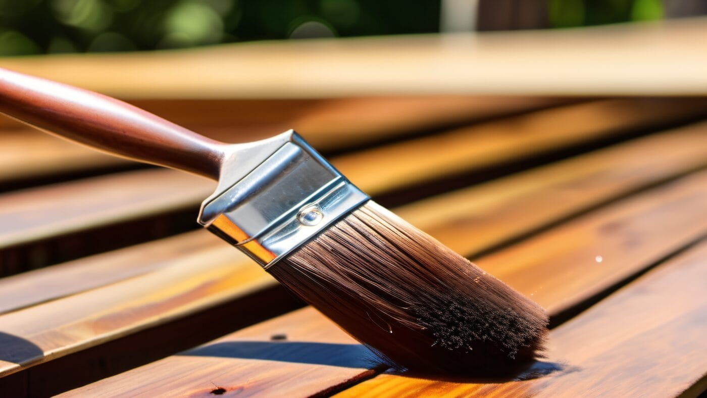 Wooden deck being stained showing before and after comparison, warm wood stain on pressure-treated lumber in a Massachusetts backyard