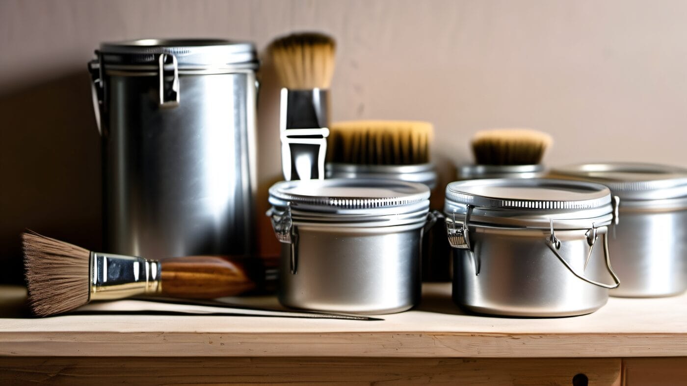 Professional painting supplies organized on a drop cloth, premium paint cans brushes rollers and tape, flat lay photography