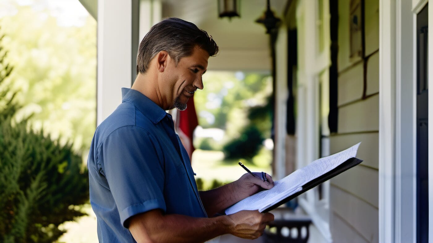 Professional painting estimate clipboard at a Massachusetts colonial home entrance, warm afternoon light