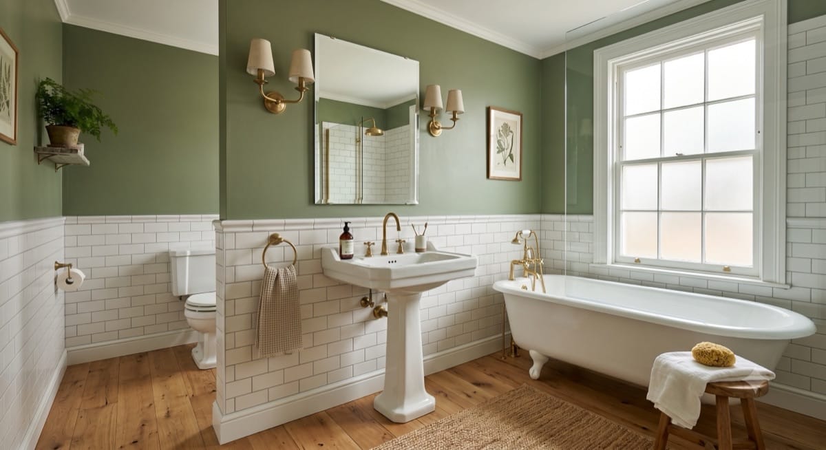 Freshly painted sage green bathroom walls with satin finish, white wainscoting, and brass fixtures in a Holliston colonial home