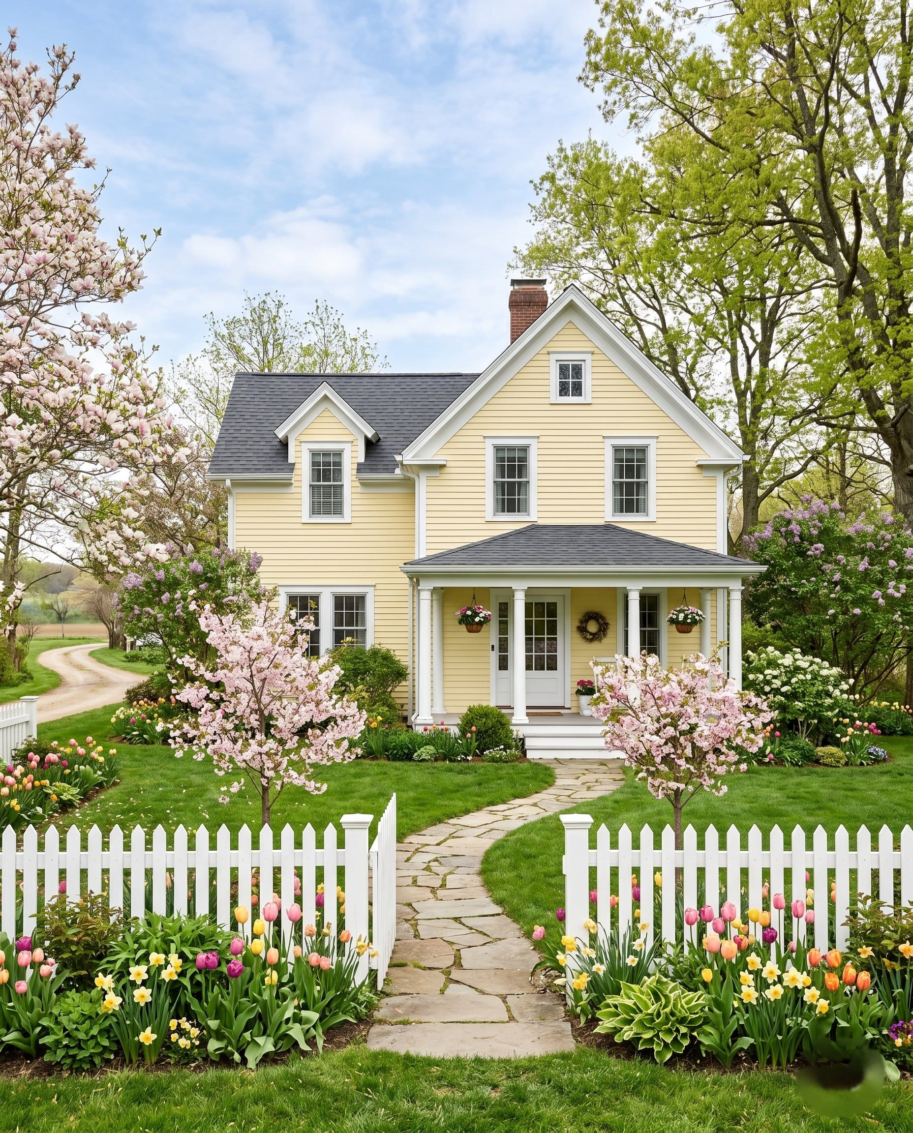 Pale yellow colonial home with white trim and picket fence on a tree-lined Holliston Massachusetts street in summer