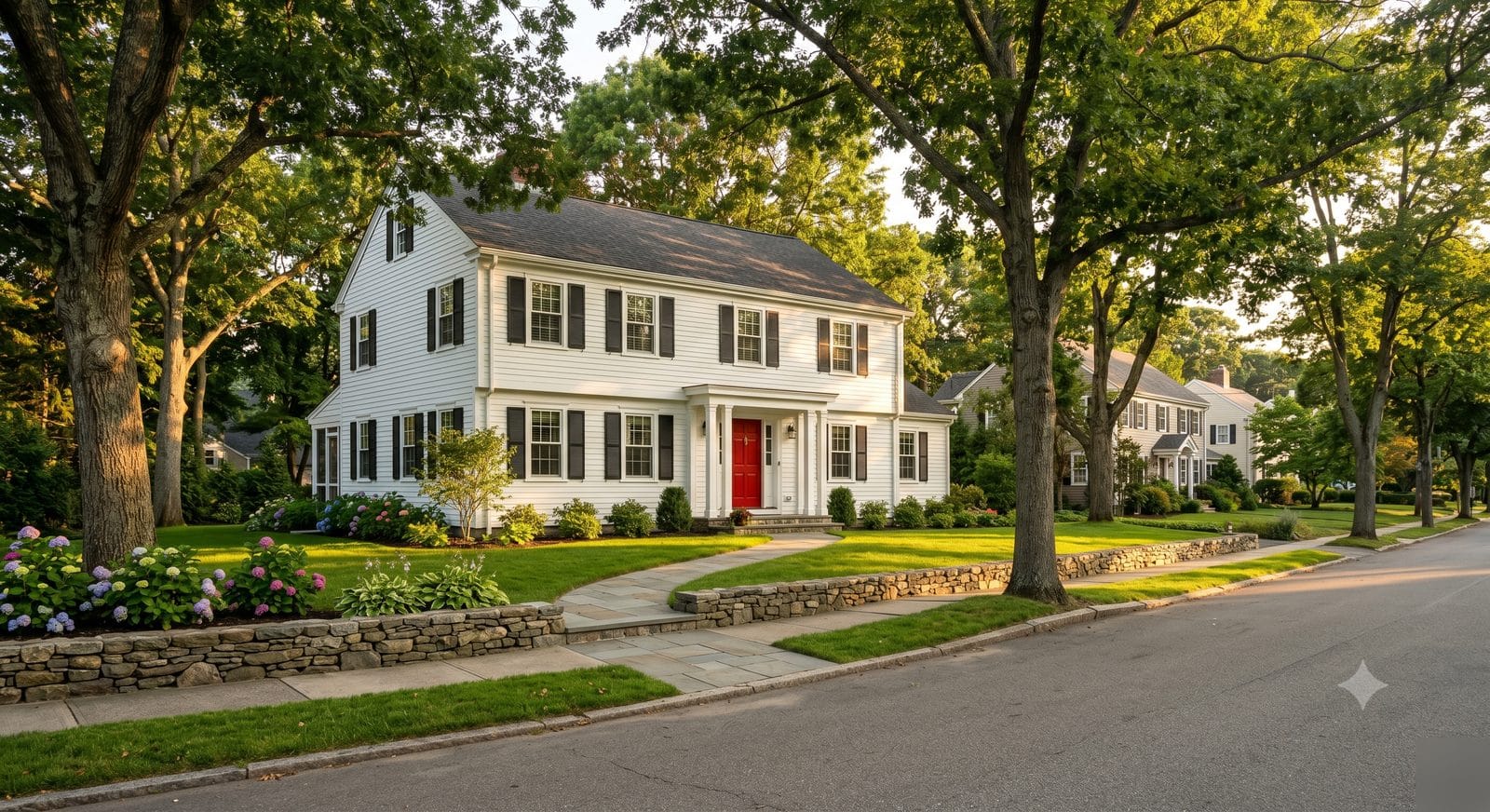 Professional painters working on a two-story colonial home exterior in a tree-lined MetroWest Boston neighborhood in early summer
