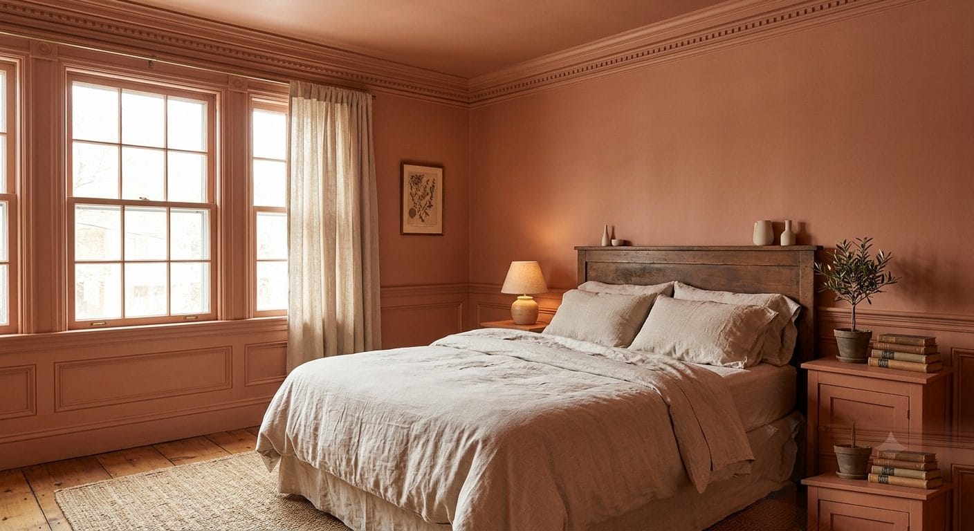 Bedroom color drenched in a soft clay terracotta across walls, trim, and ceiling with warm natural light in a MetroWest Boston home