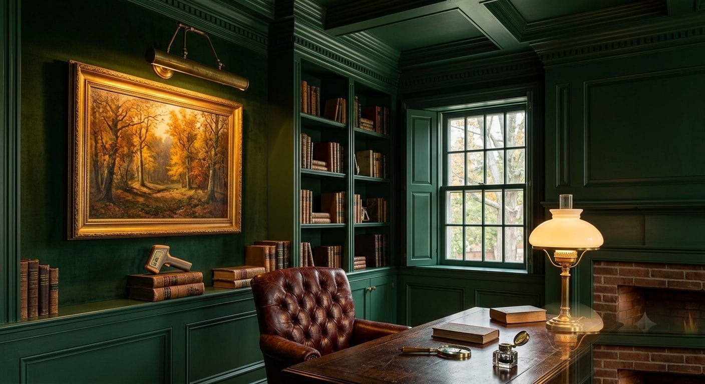 Cozy home study color drenched in a deep forest green across walls, trim, crown moulding, and ceiling in a MetroWest Boston Colonial