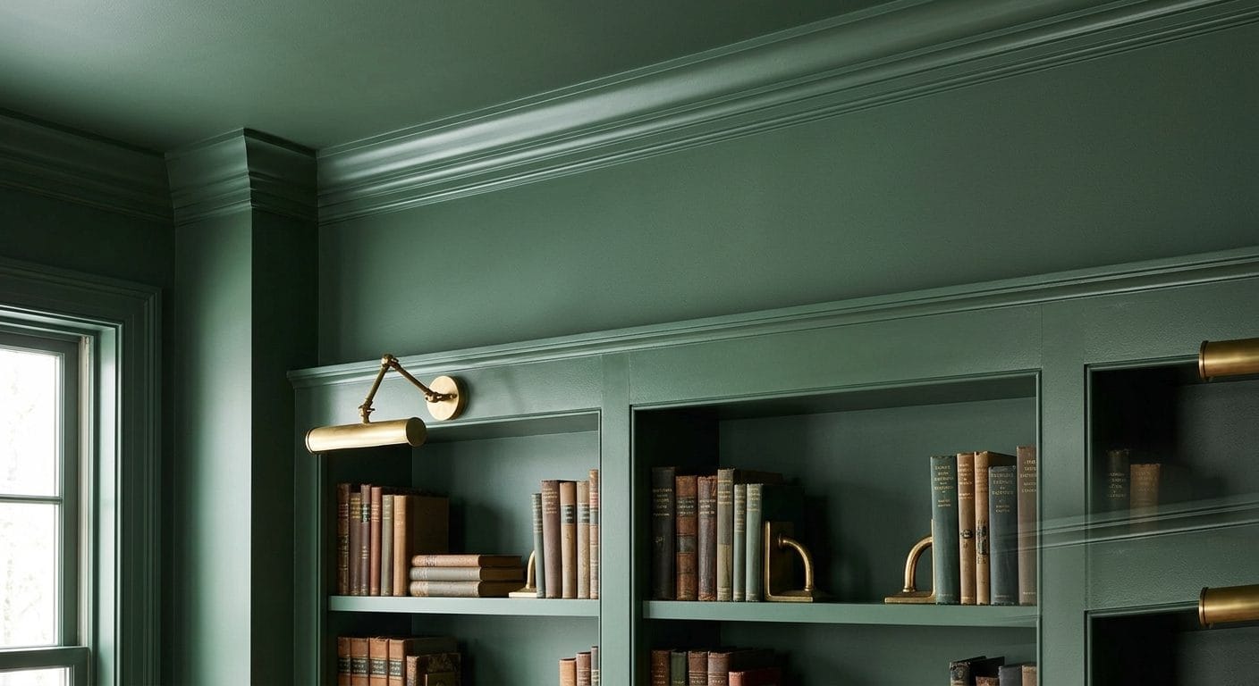 Home study drenched in deep forest green with built-in shelving and brass fixtures in a MetroWest Boston Colonial