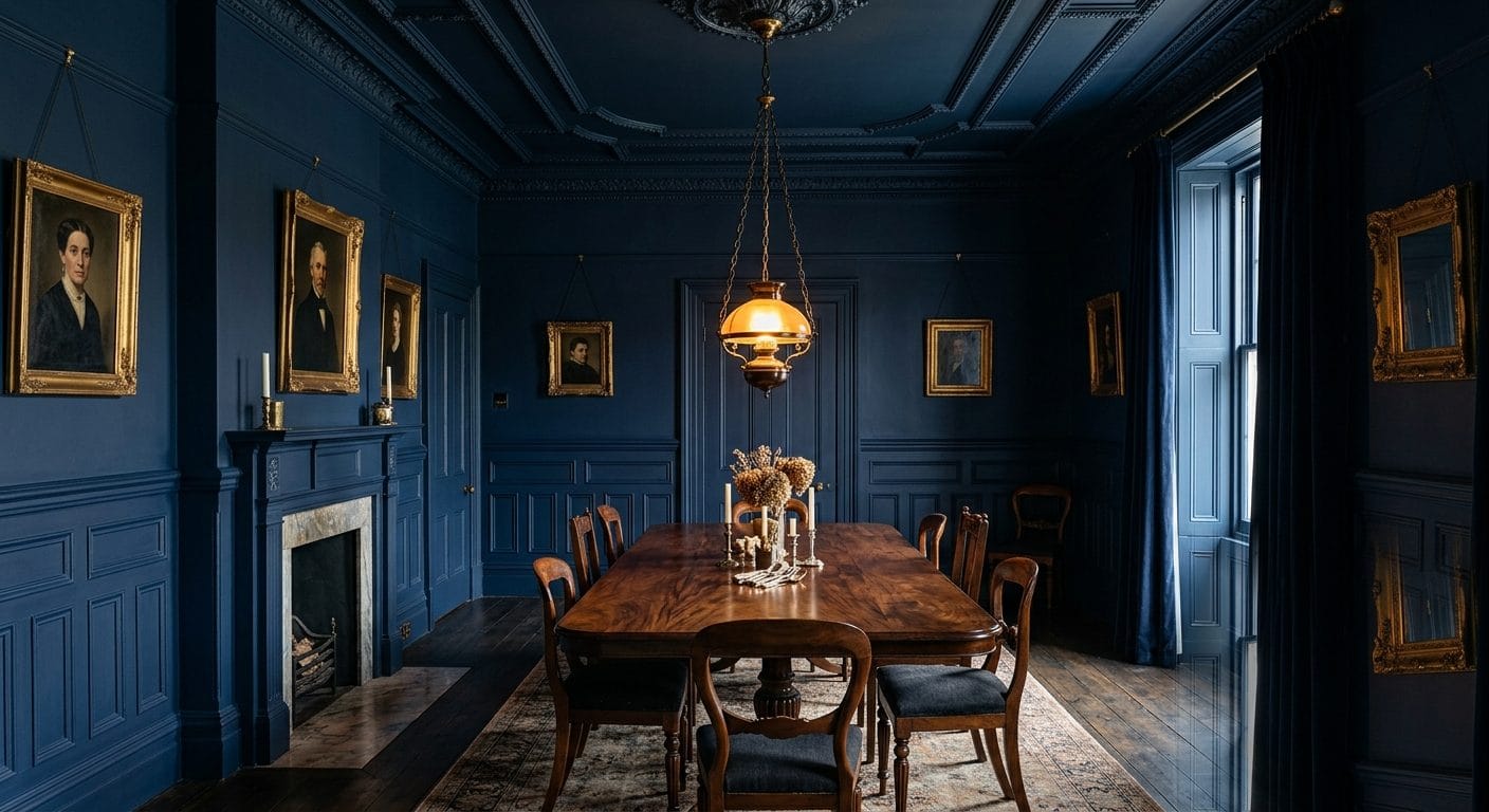 Dining room color drenched in a deep navy blue across walls, wainscoting, and ceiling in a MetroWest Boston Victorian