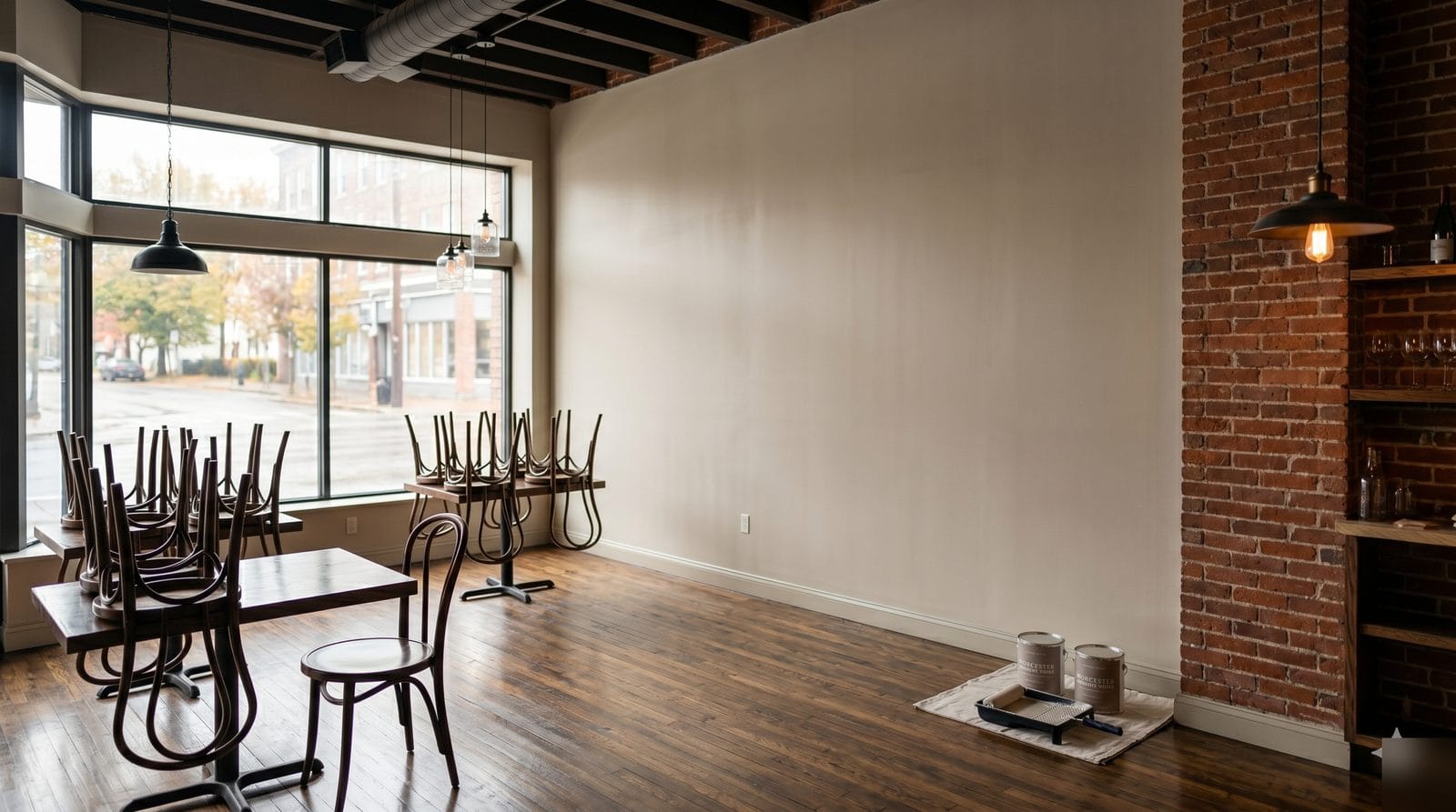 Modern MetroWest Boston restaurant dining room being freshly painted in warm greige with exposed brick accent wall and pendant lighting
