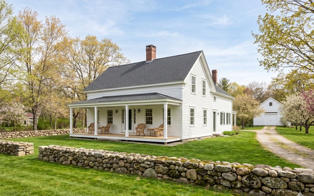 White clapboard New England farmhouse with freshly painted crisp trim in MetroWest Massachusetts
