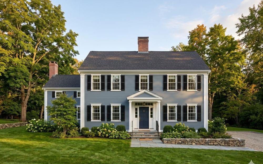 Freshly painted blue-gray New England colonial home with crisp white trim and black shutters in MetroWest Boston, Massachusetts