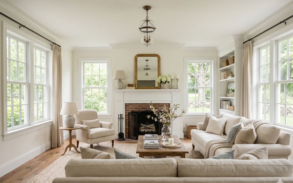 Bright New England living room with freshly painted walls and crisp white trim in a MetroWest Boston home