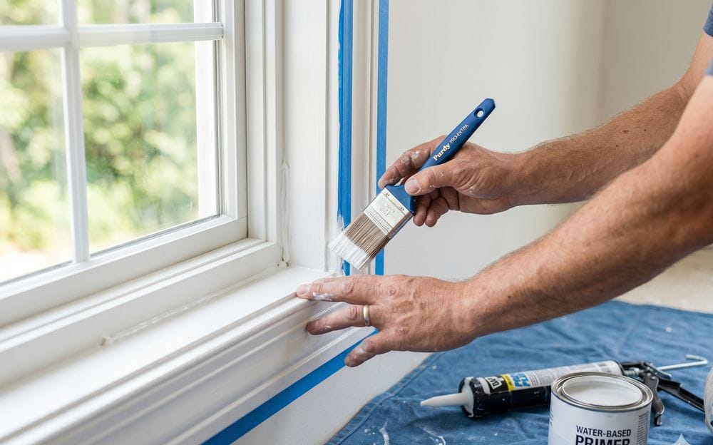 Professional painter prepping and priming a window casing before painting a MetroWest Boston home