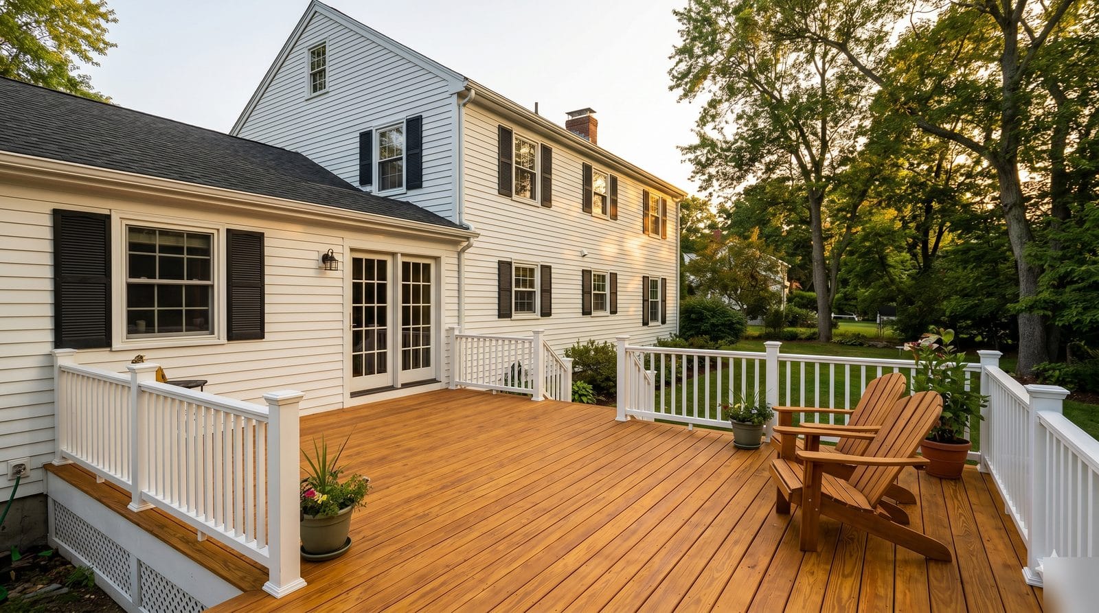 Freshly stained honey-brown wooden deck with white painted railings and Adirondack chairs at a Holliston Massachusetts colonial home