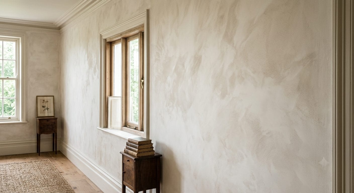 Living room wall finished in soft mottled white limewash with visible chalky depth and movement in a MetroWest Boston antique home
