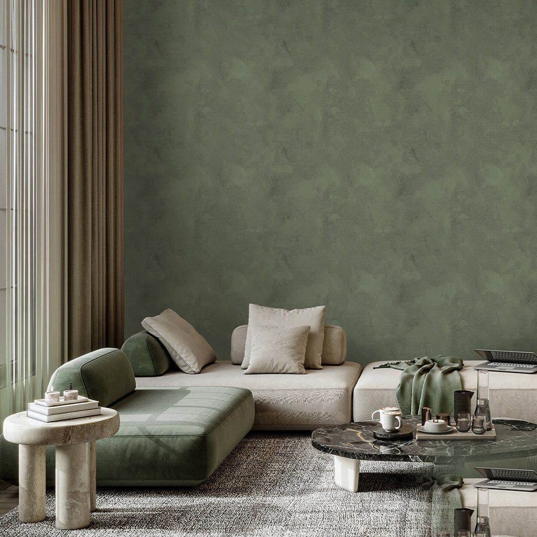 Antique New England home interior with plaster walls finished in soft sage limewash, period trim and natural light