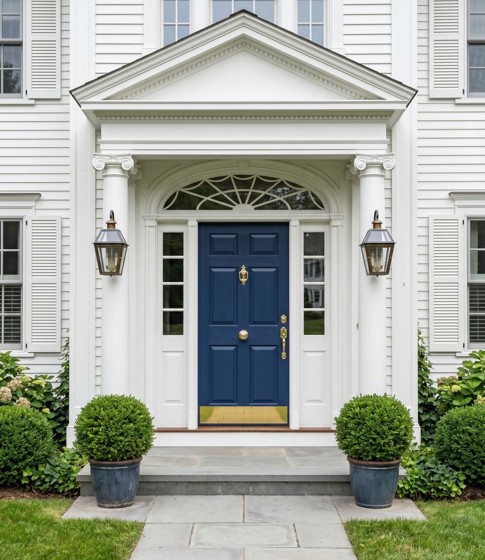 Colonial Revival front entrance with a navy blue door, white columns, brass hardware, and boxwoods on a Dover estate