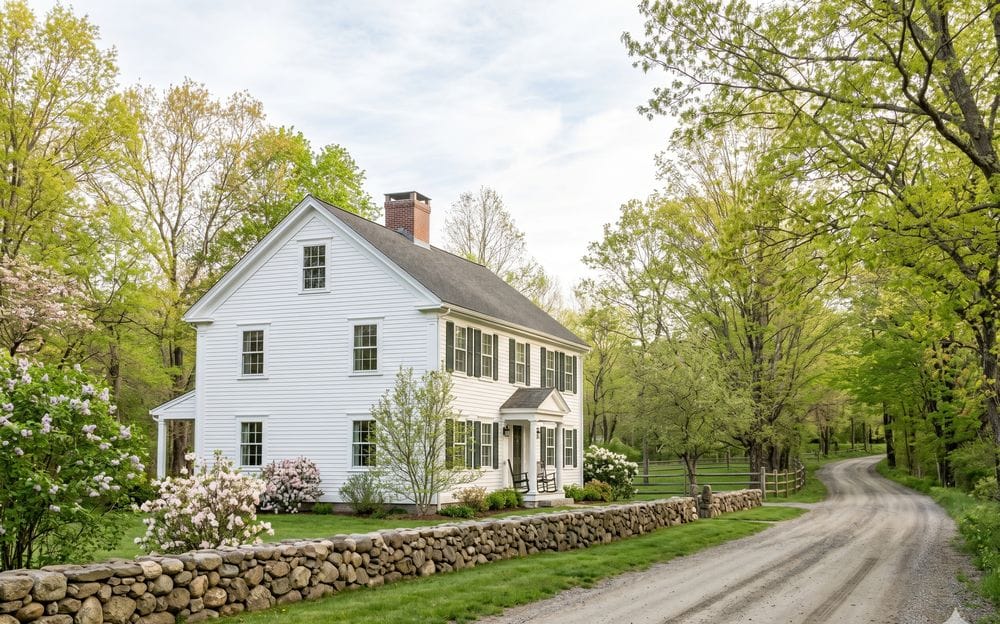 White clapboard colonial farmhouse on a tree-lined country road in Dover, Massachusetts, spring foliage