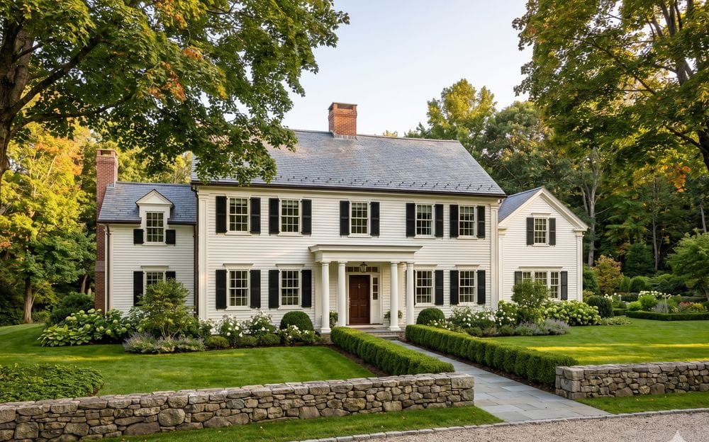 Elegant white colonial estate home with freshly painted crisp trim and a stone wall in Dover, Massachusetts