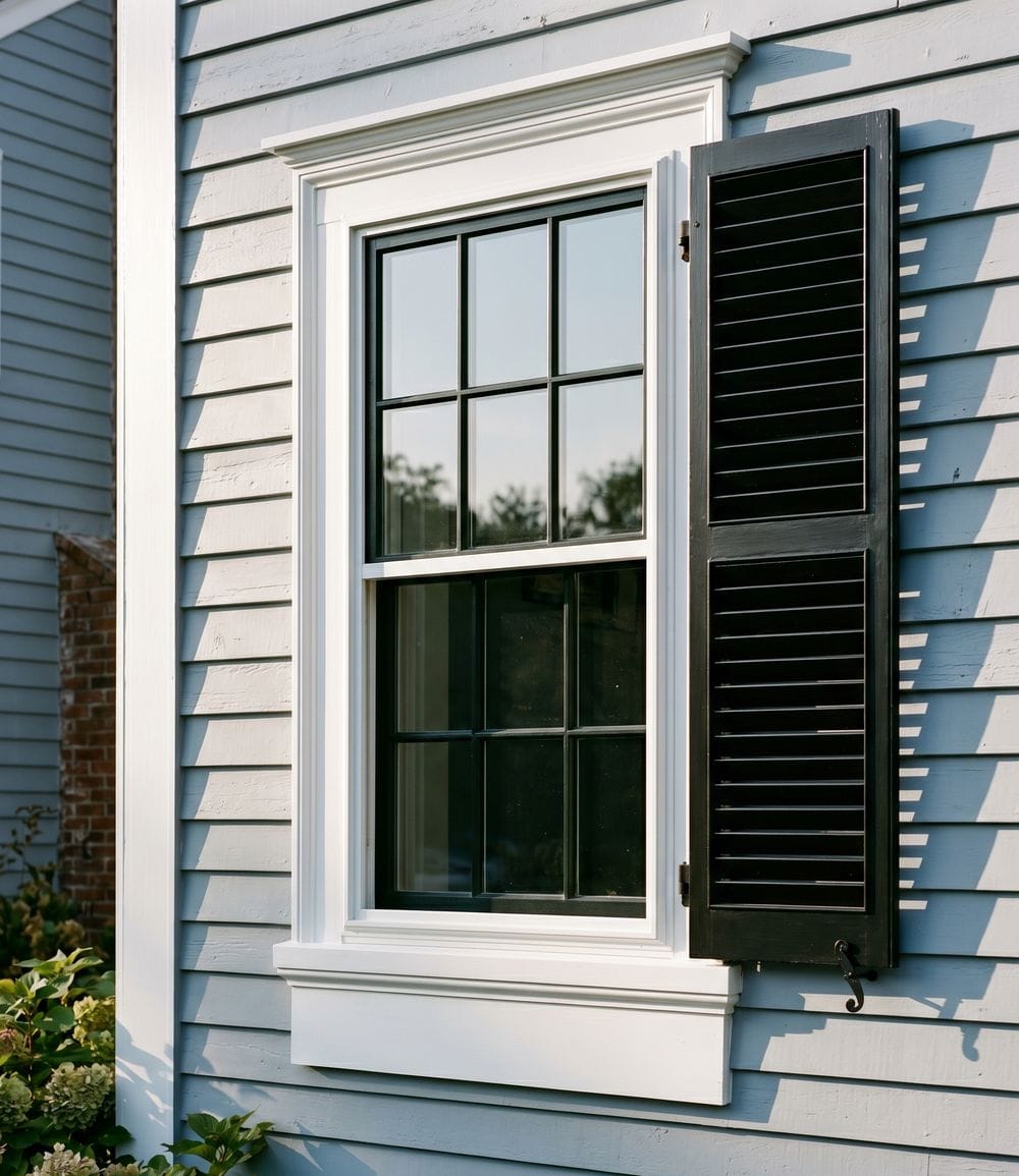 Freshly painted white window trim and dark louvered shutters on a colonial clapboard home in Dover, Massachusetts