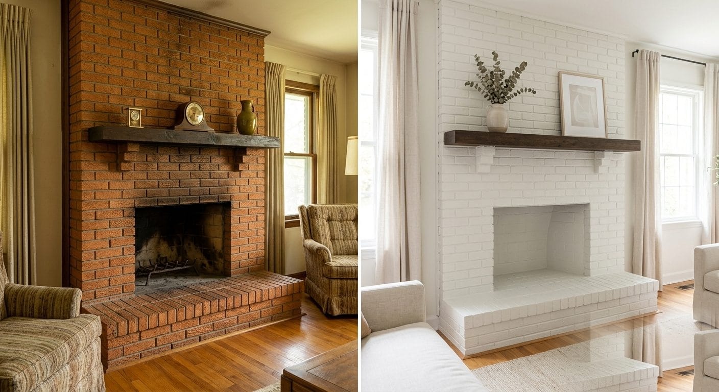 Before-and-after of a dated red-brick fireplace transformed into a soft-white painted surround in a MetroWest Boston living room