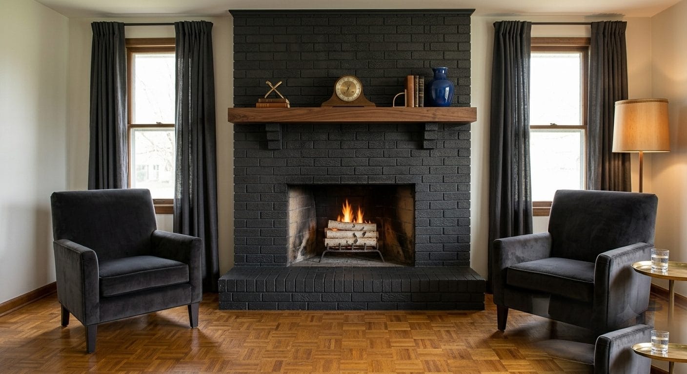 Dramatic brick fireplace painted deep charcoal black in a MetroWest Boston living room with a wood mantel