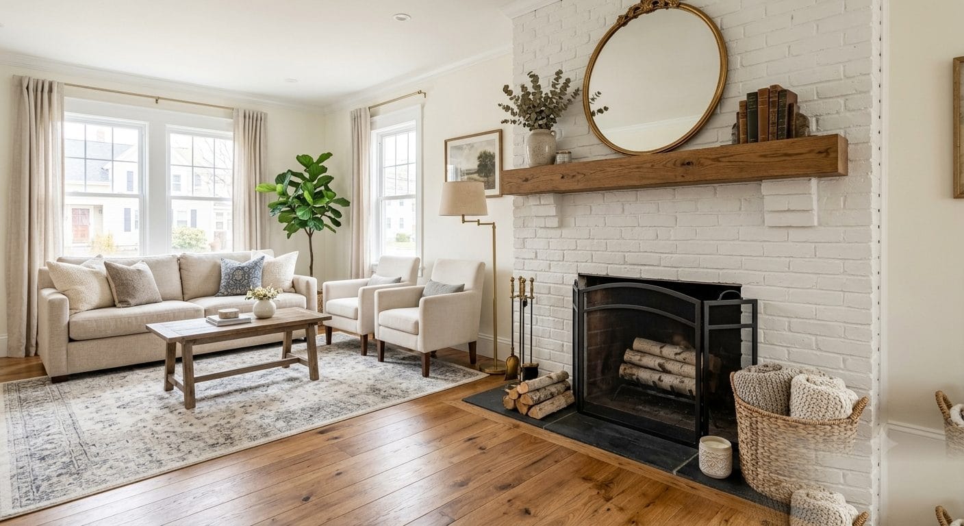 Updated brick fireplace painted soft white in a bright MetroWest Boston living room, replacing a dated red-brick surround