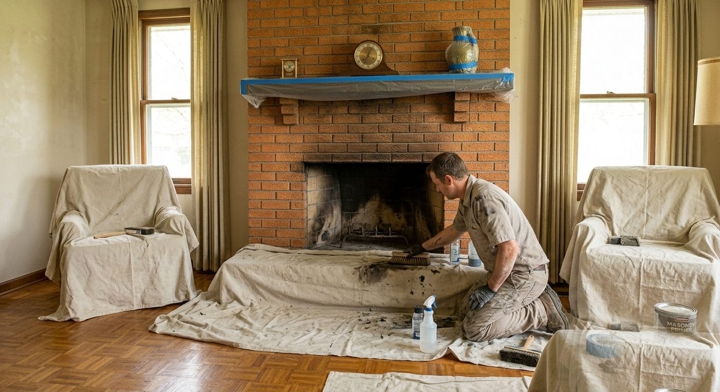 Painter cleaning soot from a brick fireplace and masking the mantel and hearth before priming in a MetroWest Boston home