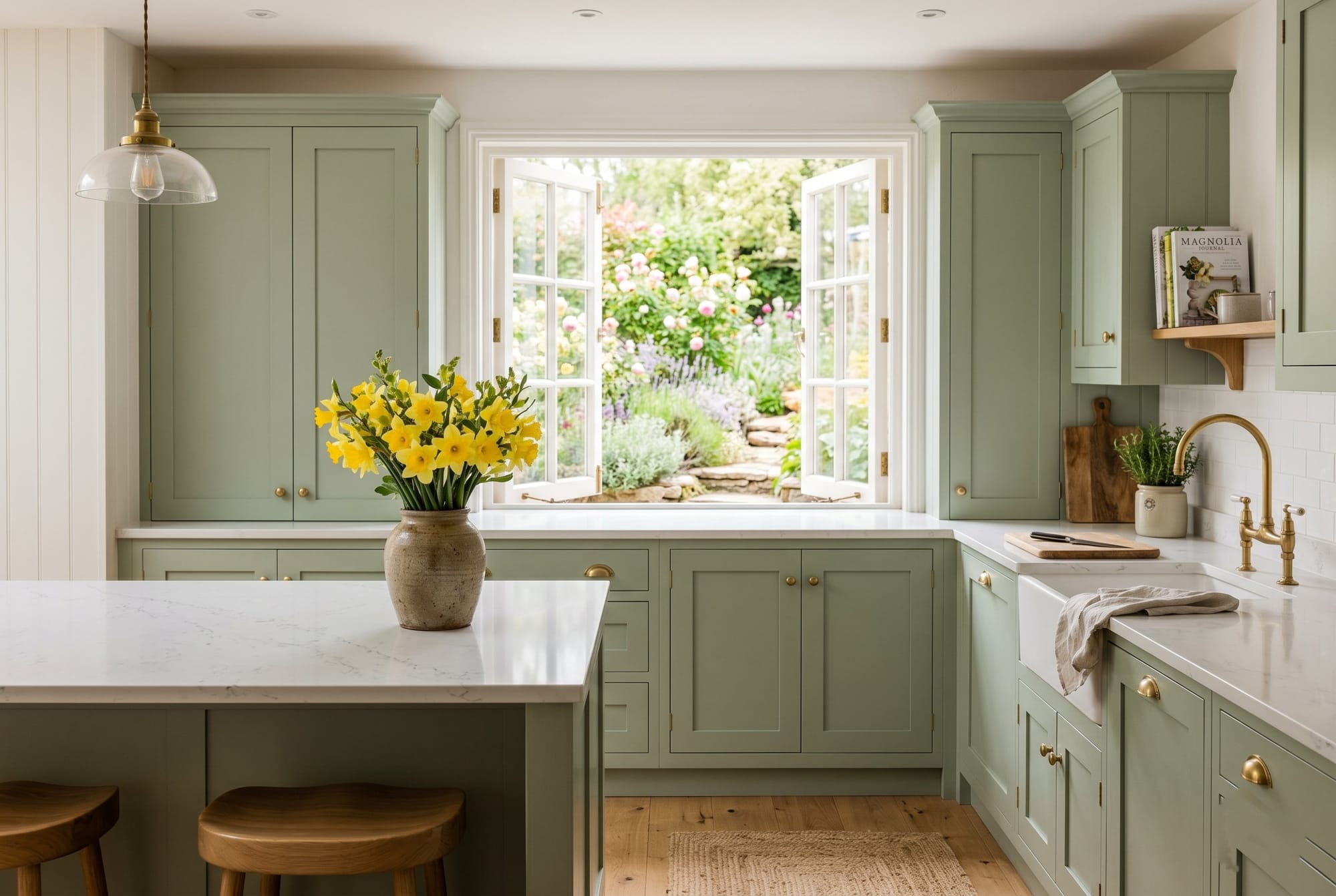Sage green painted kitchen cabinets with brass cup-pull hardware, marble countertops, and natural light through a garden window in a MetroWest Boston home