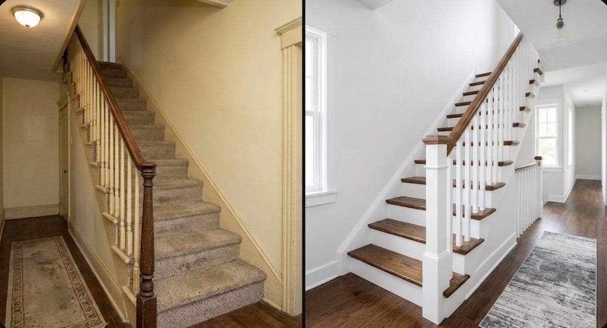 Before-and-after of a dated carpeted staircase transformed into refinished stained treads with white balusters in a MetroWest Boston home