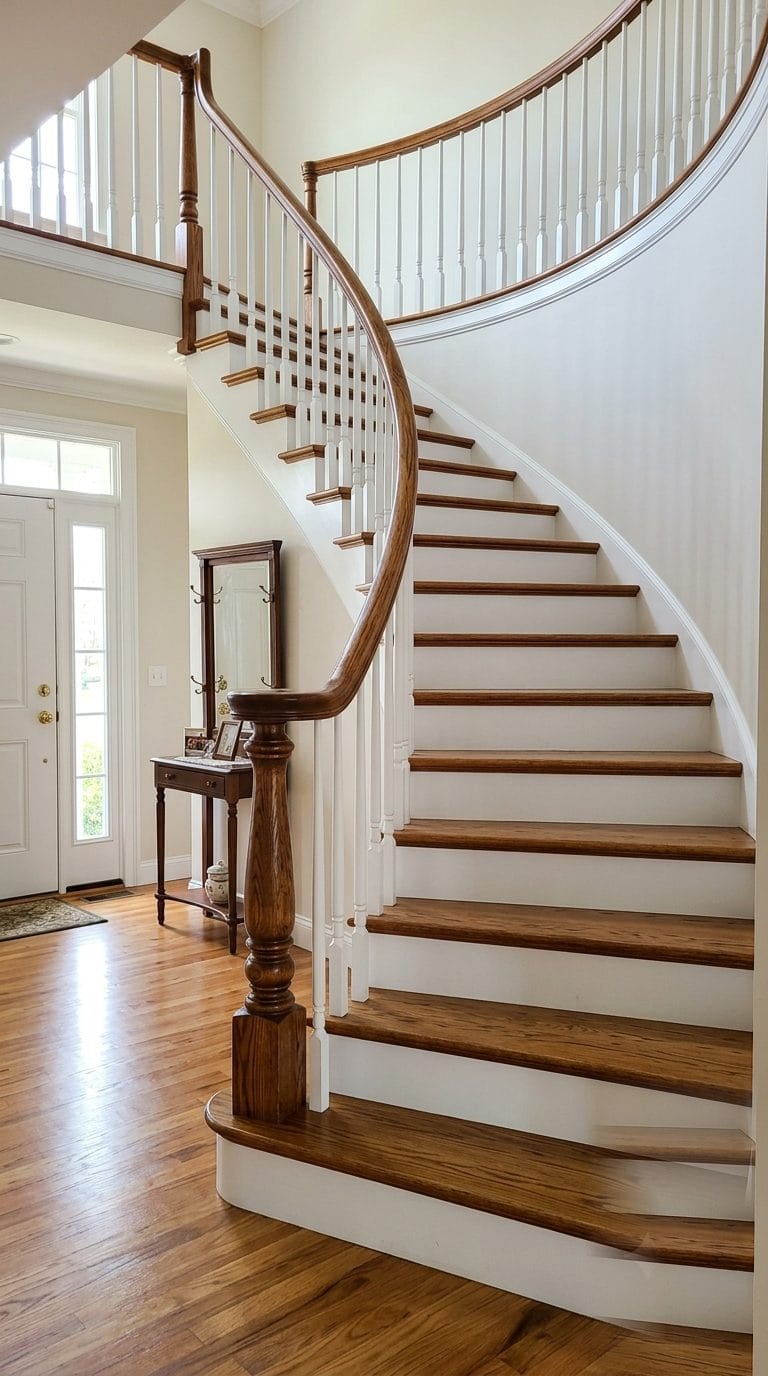 Freshly refinished staircase with stained oak treads, crisp white risers and balusters, and a dark stained handrail in a MetroWest Boston Colonial entryway