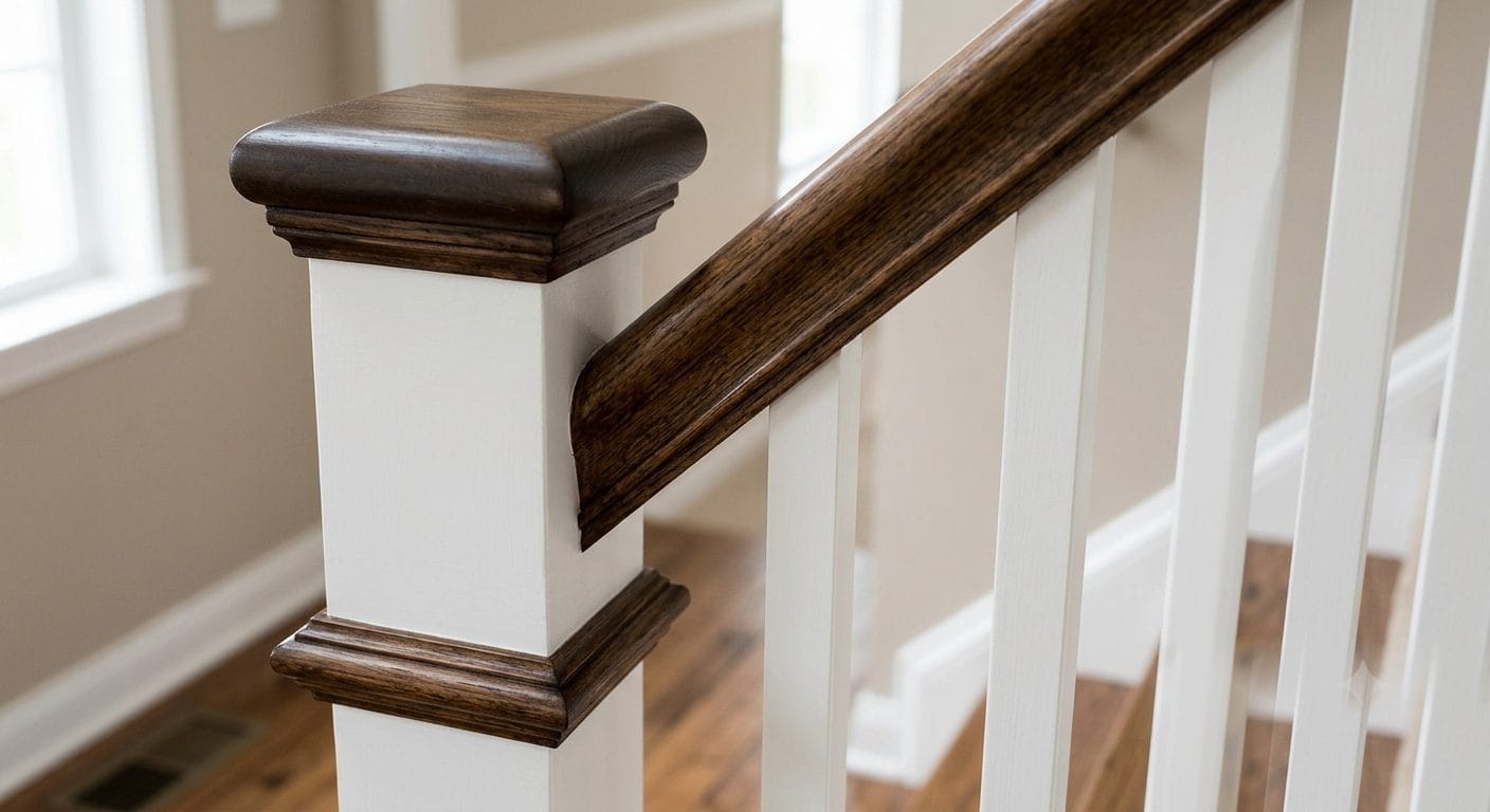 Close-up of a refinished newel post and balusters, white spindles with a richly stained handrail in a MetroWest Boston entryway