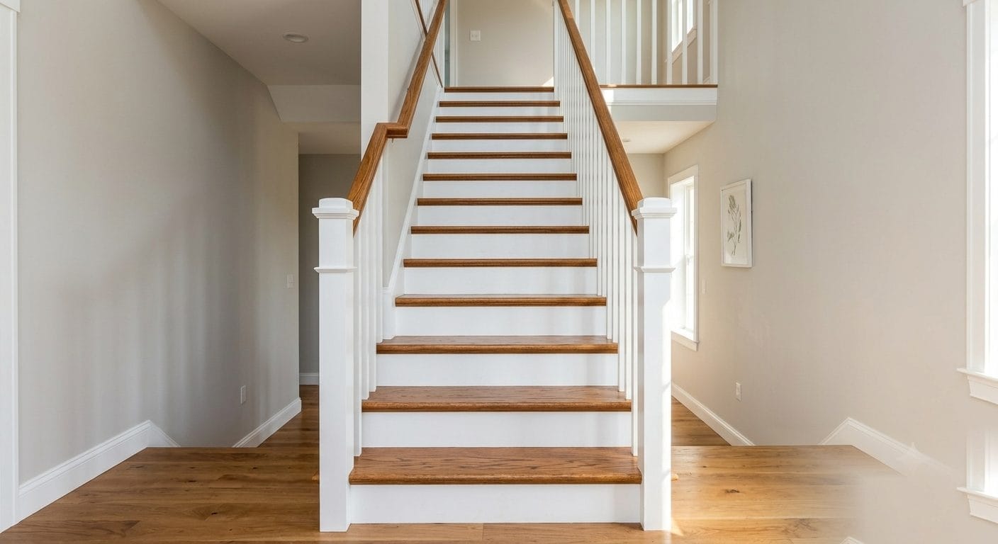 Two-tone staircase with stained oak treads and handrail paired with crisp white risers and balusters in a MetroWest Boston home