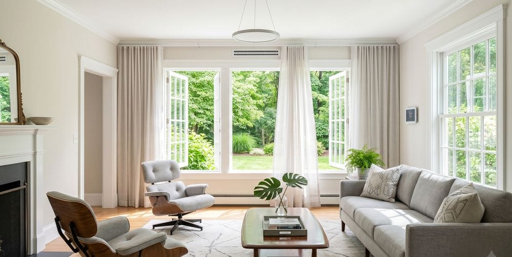 Cool, climate-controlled summer interior with an open window and freshly painted pale walls in a MetroWest Boston home