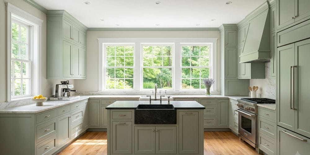 Freshly refinished sage-green kitchen cabinets with a smooth sprayed enamel finish in a sunlit MetroWest Boston kitchen