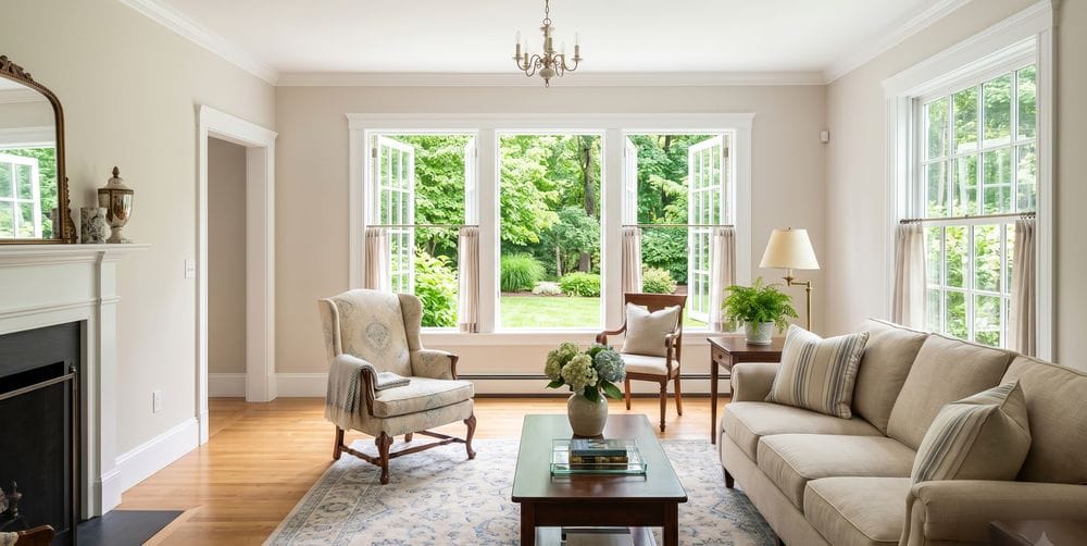 Sunlit, freshly painted interior living room with crisp white trim and soft neutral walls in a MetroWest Boston home, windows open to a green summer yard